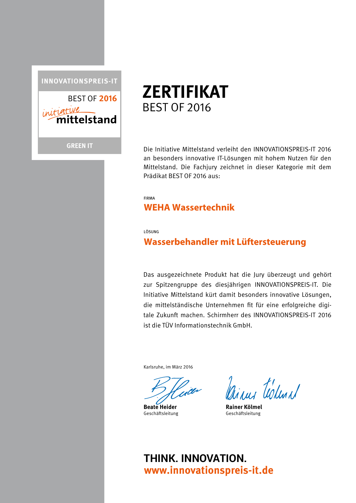 Innovation Award IT Green IT Best of 2016 certificate for WEHA Water Technology