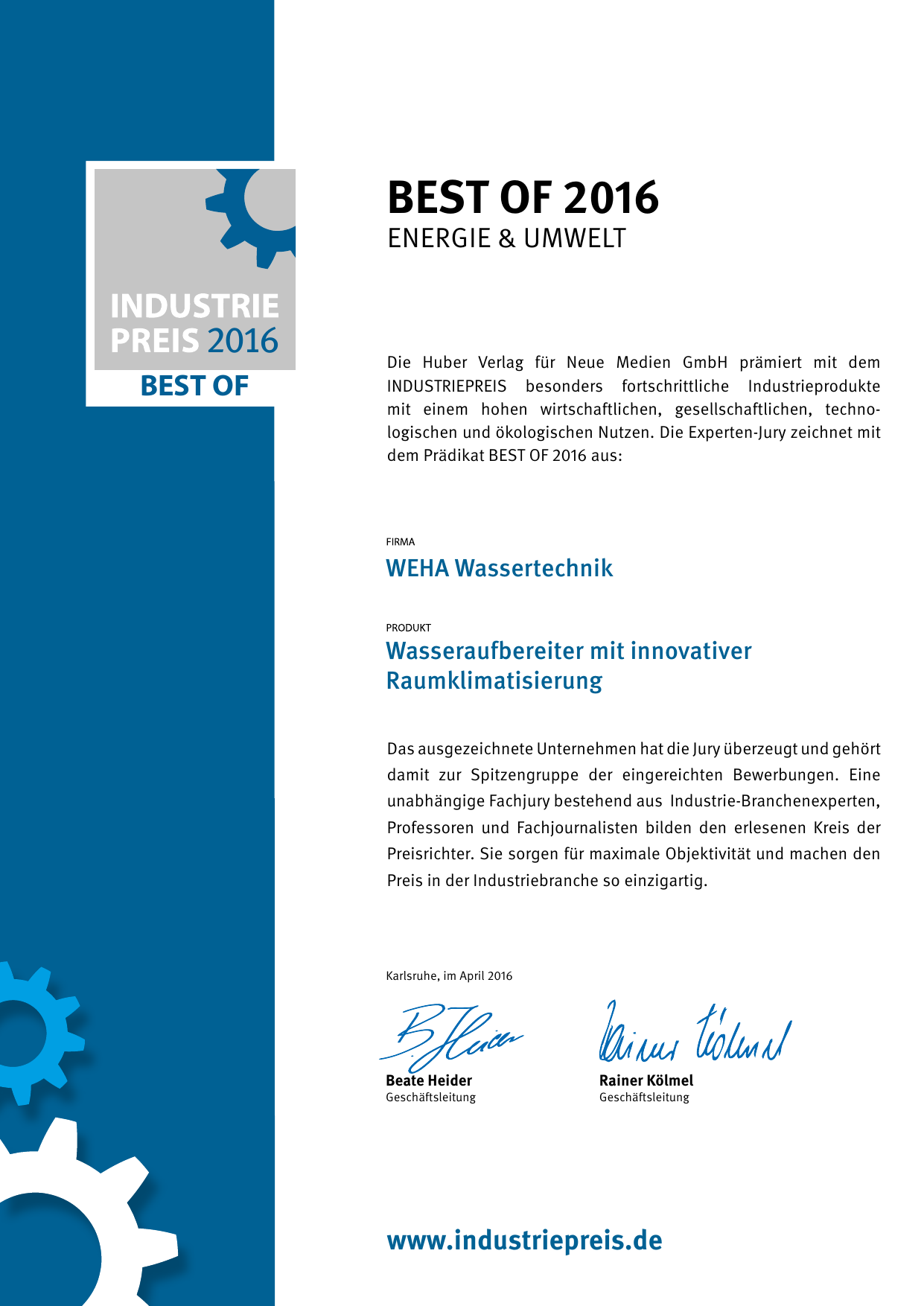 Industry Award Best of 2016 certificate for WEHA Water Technology