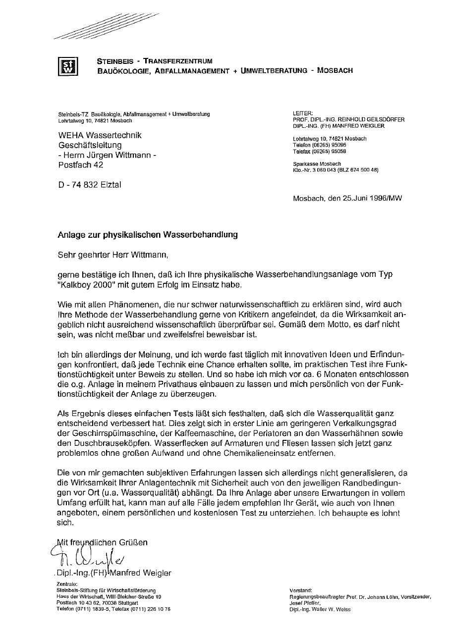 Steinbeis Transfer Centre letter from 1996