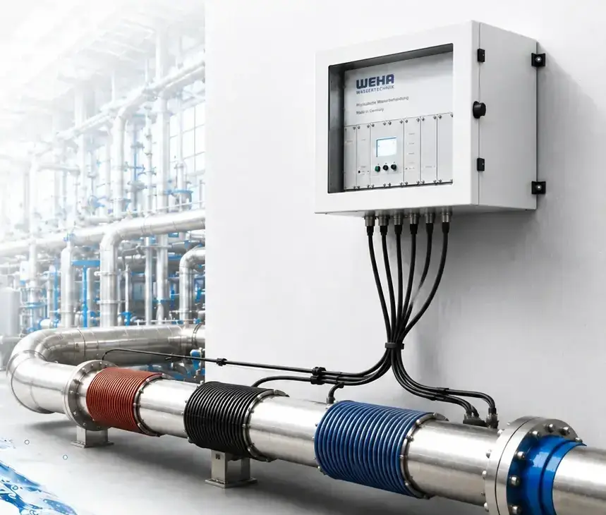 WEHA water treatment unit with three coils on an industrial pipe