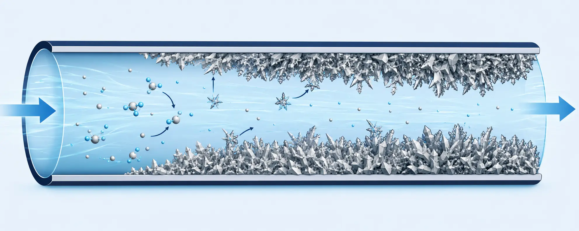Diagram showing angular mineral crystals growing on a pipe wall and forming firmly adhering deposits